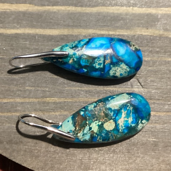 🌼 Blue &Teal  Natural Sea Jasper Stone Drop Earrings with Silver - Picture 2 of 10